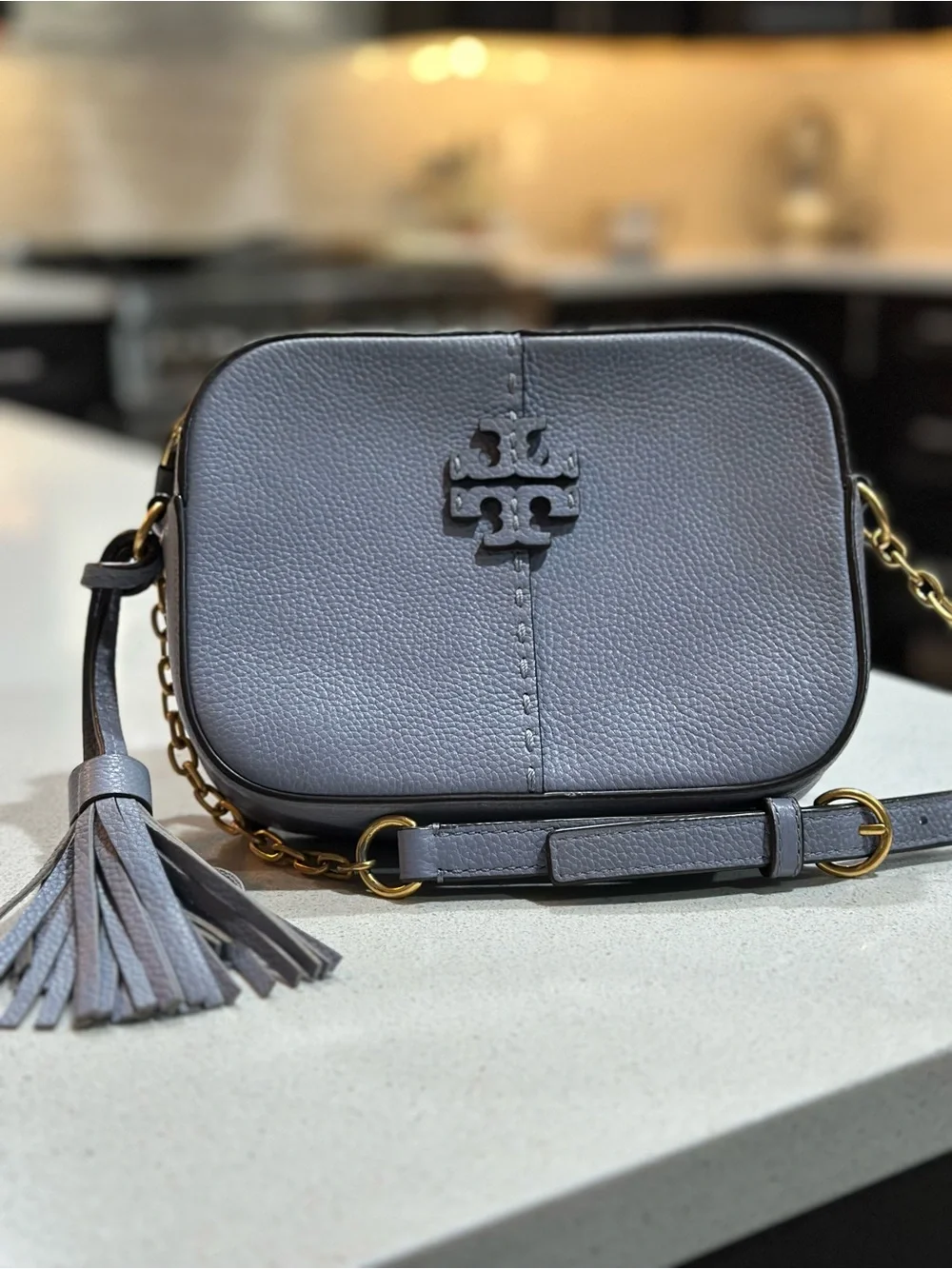 Tory Burch McGraw Camera Bag • Gold Chain Tassel Cloud Blue Periwinkle Crossbody